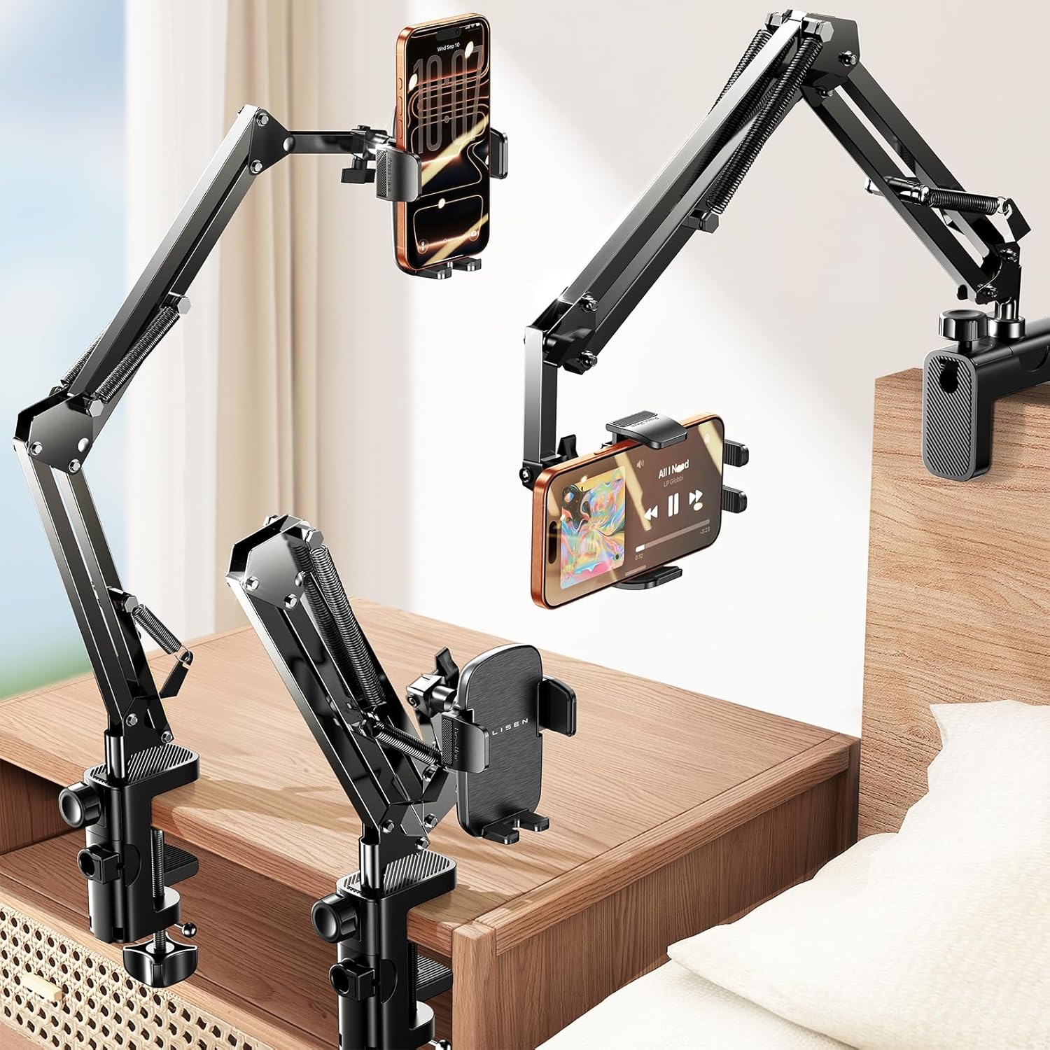 LISEN Gooseneck Phone Holder for Desk Bed [3rd Upgrade] Cell Phone Stand for Desk Bed Accessories